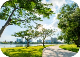 都市の街並みと川の風景